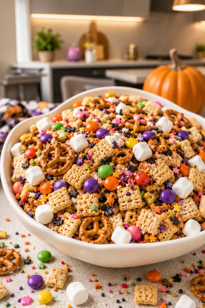 Rainbow Halloween Sprinkles gluten-free trail mix with rice cereal, colorful candy-coated chocolates, mini marshmallows, pretzel pieces, and Halloween sprinkles.