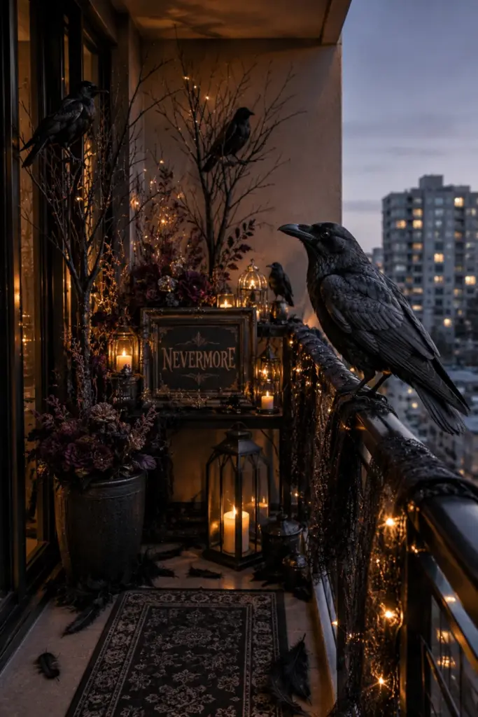 Moody modern Halloween balcony styled as a raven’s roost with faux crows, black feathers, dark branches, and elegant lantern lighting.