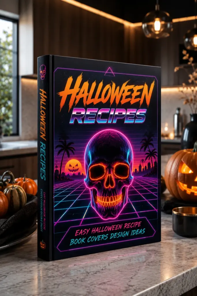 Retro 80s Halloween recipe book cover with a neon skull, synth-wave grid, and vibrant orange and purple accents.