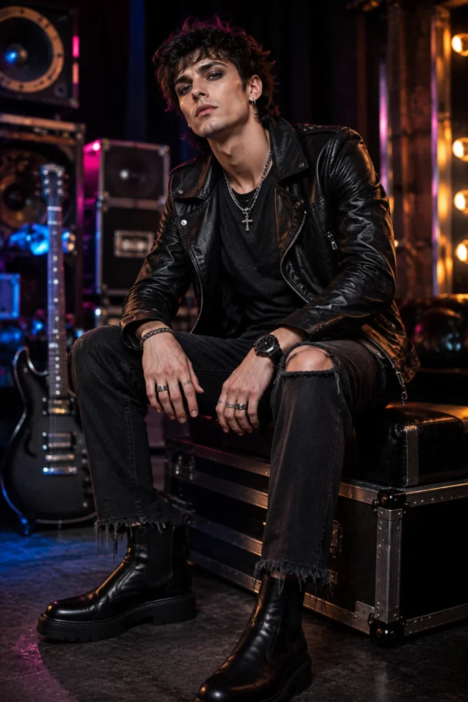 A trendy retro rock star Halloween outfit for men with black jeans, a leather jacket, smudged eyeliner, boots, and modern accessories.