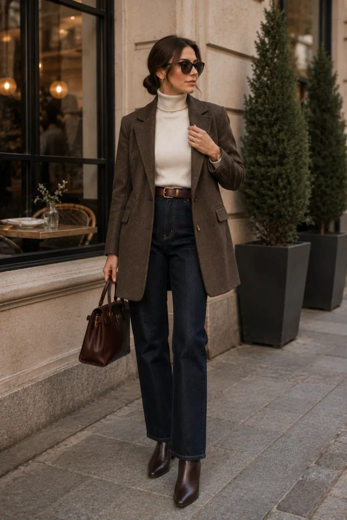 A modern ribbed turtleneck with dark straight-leg denim, a tailored blazer coat, and leather boots styled as a polished old-money winter outfit.