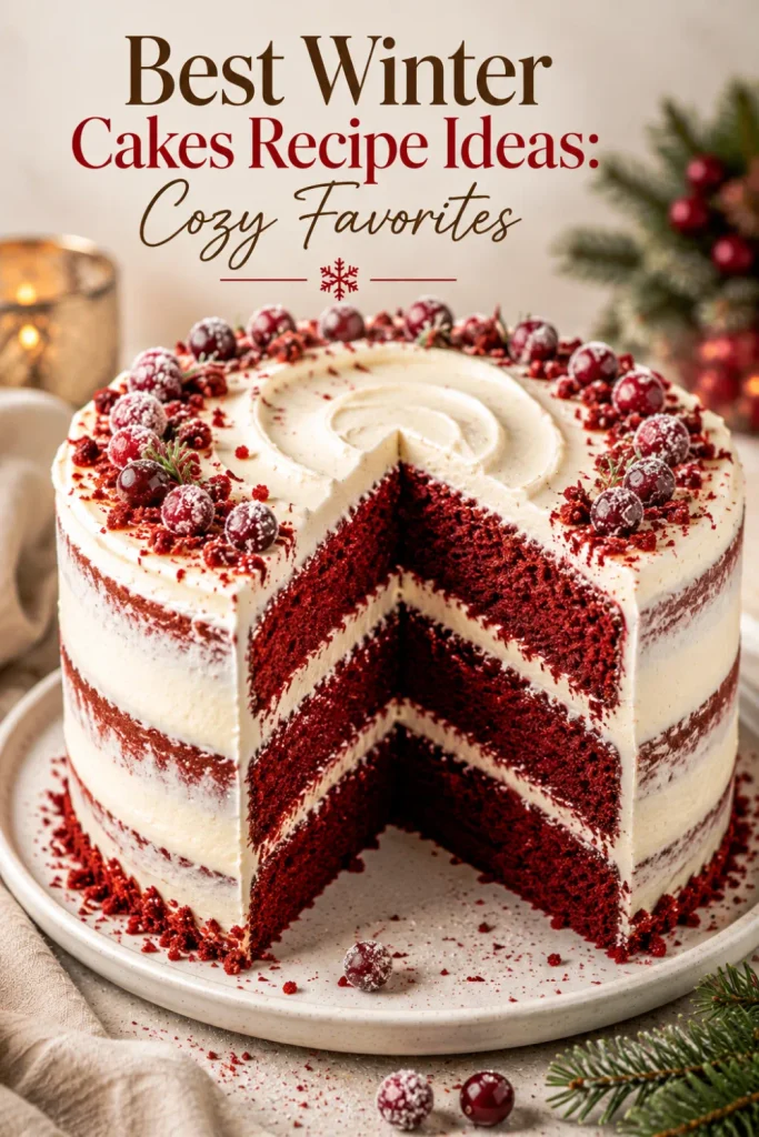 A rich red velvet winter cake with creamy frosting, soft cocoa crumb, and elegant festive styling for the Best Winter Cakes Recipe Ideas: Cozy Favorites.