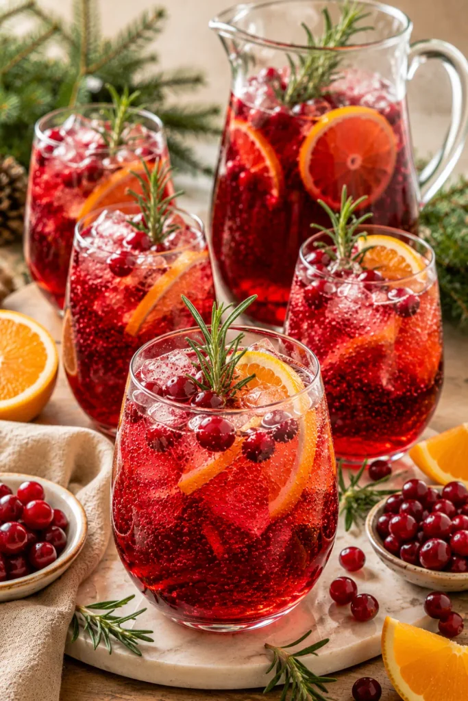 Ruby rosemary cranberry fizz with citrus, rosemary, sparkling bubbles, and cranberries in a modern winter party setting.