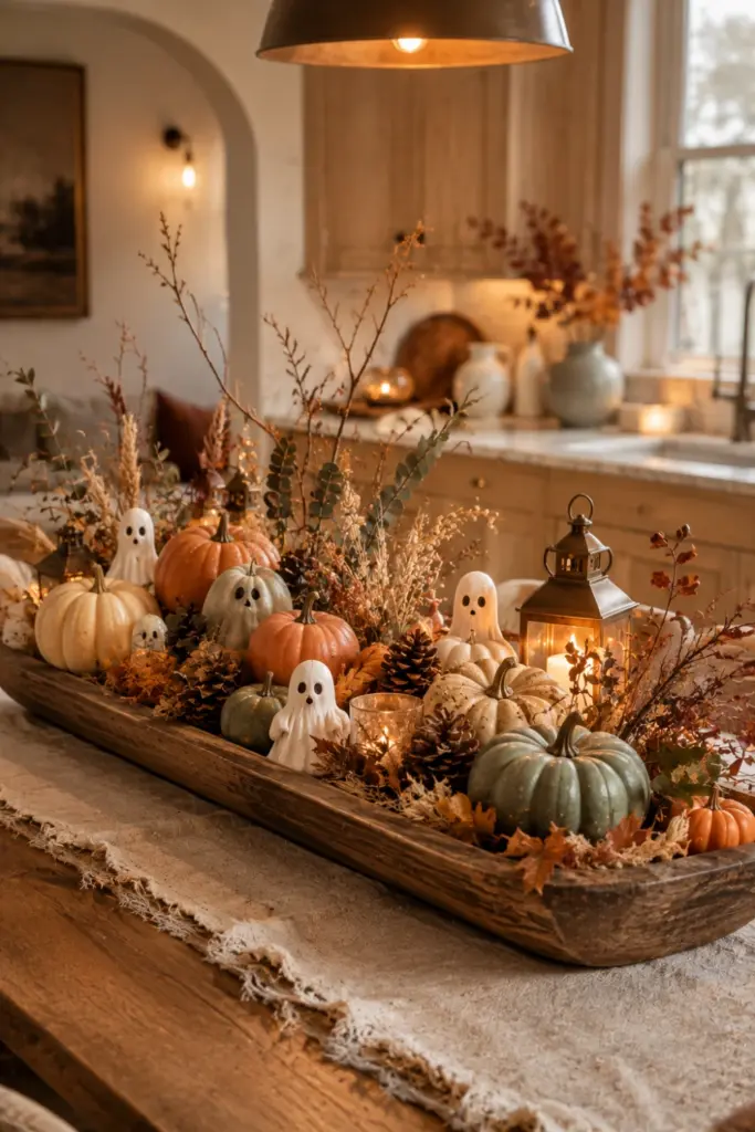 Rustic Falloween centerpiece with pumpkins, dried leaves, pinecones, ghost figurines, and warm natural textures for Best Halloween Aesthetic Design Ideas for Every Home.