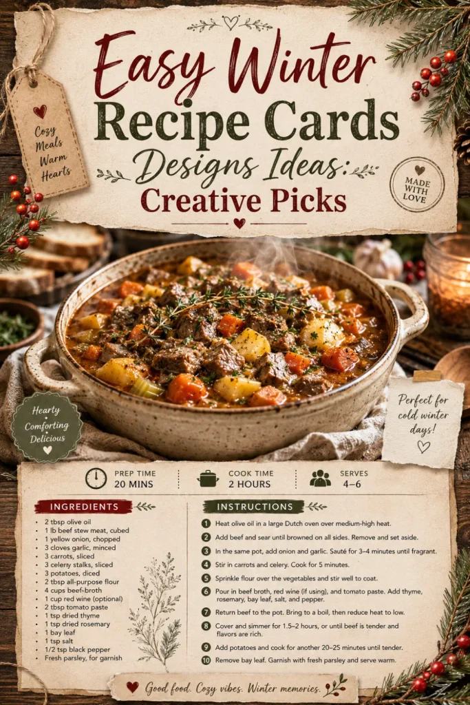 Rustic farmhouse winter recipe card with kraft paper, handwritten typography, pine branches, and cozy homemade food photography.