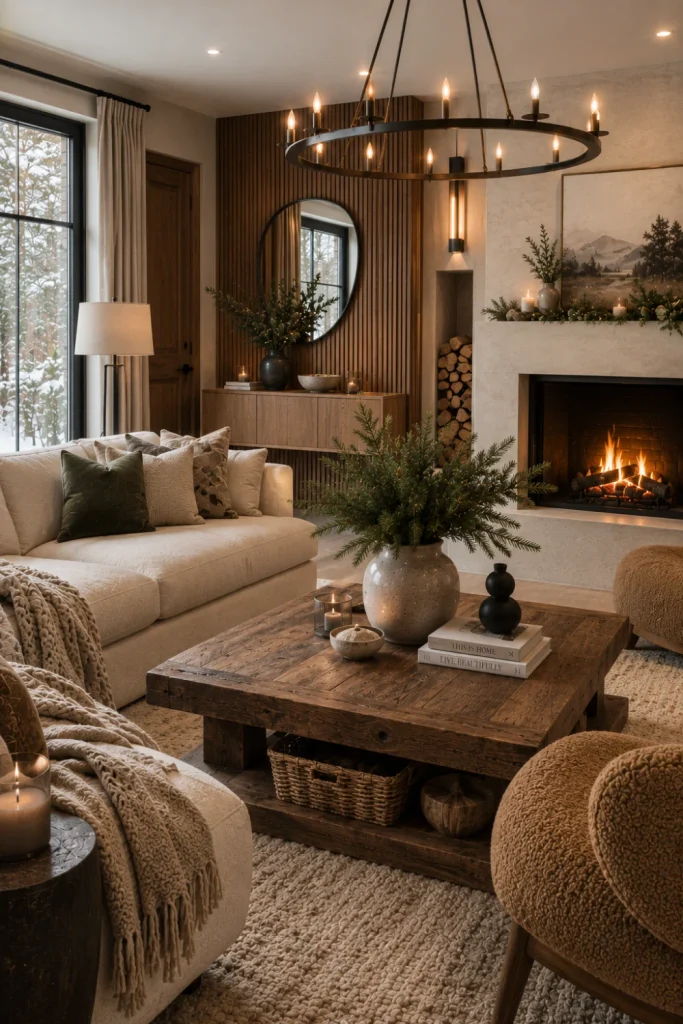 Rustic modern winter living room with natural wood, wool, linen, black accents, ceramic pieces, and evergreen decor.