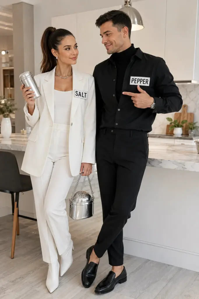A funny modern salt and pepper couples Halloween costume with coordinated black and white fashion, oversized shaker-inspired accessories, and playful contemporary styling.