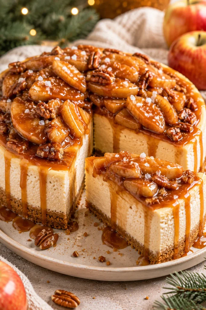 Salted caramel apple winter cheesecake topped with cozy baked apples, glossy caramel, cinnamon, and a creamy filling.