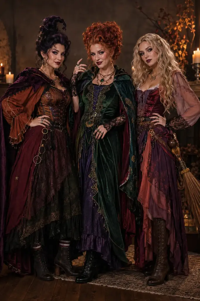 Three women styled as modern Sanderson Sisters witches in rich purple, red, and green Halloween outfits with dramatic hair, makeup, capes, boots, and DIY accessories.