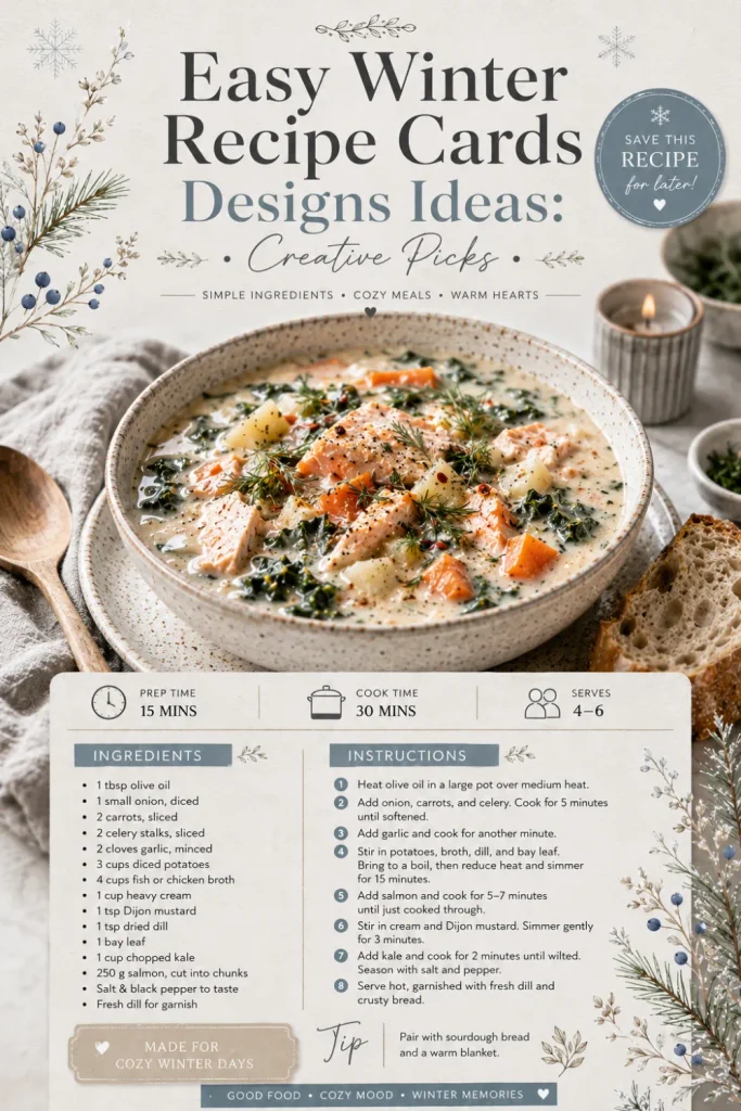 Scandinavian winter recipe card with muted neutrals, botanical illustrations, modern typography, and understated Nordic food styling.