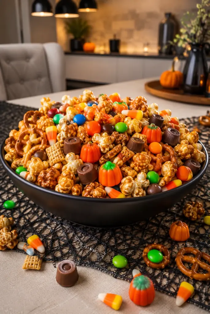 Scarecrow Crunch Snack Mix with caramel corn, Chex cereal, pretzels, candy corn, pumpkin candy corn, M&M's, and Rolos for easy Halloween candy mix ideas for parties.