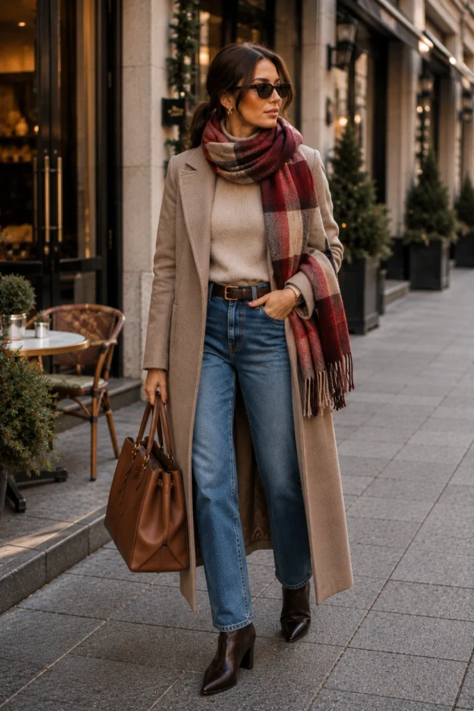 Stylish woman wearing a neutral sweater and jeans with a statement scarf, wool coat, ankle boots, and coordinated accessories in a modern winter outfit.
