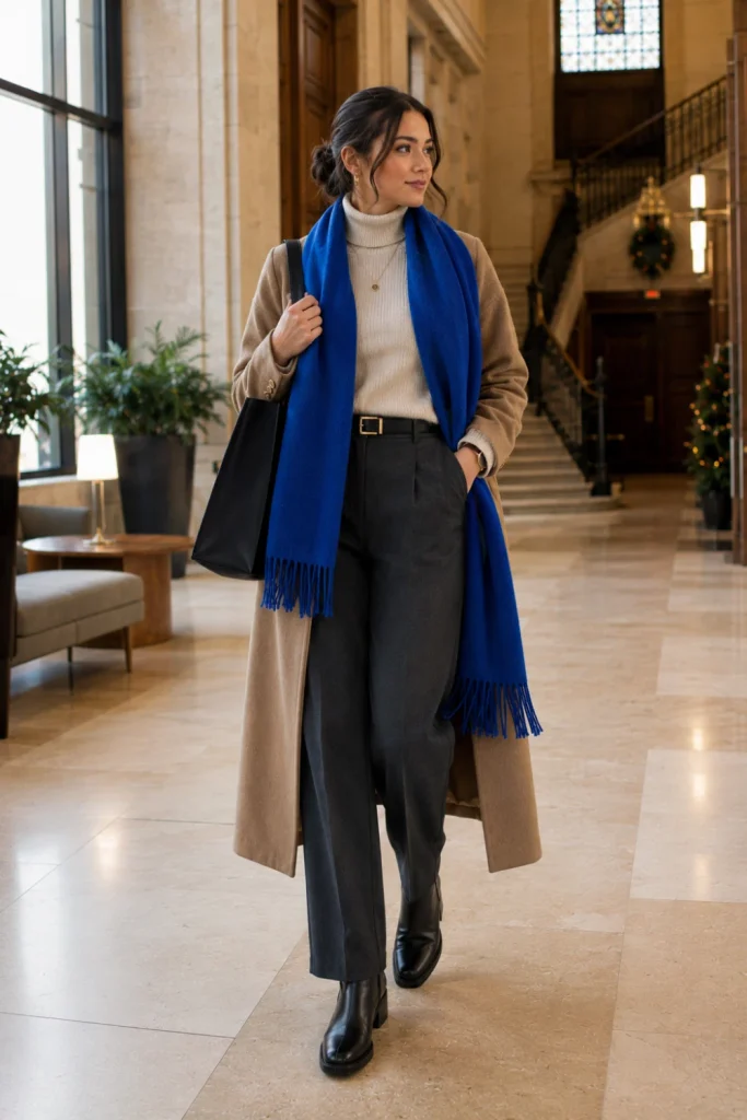 Refined winter school outfit with a turtleneck, scarf, tailored trousers, winter coat, and boots styled in a chic contemporary student fashion look.