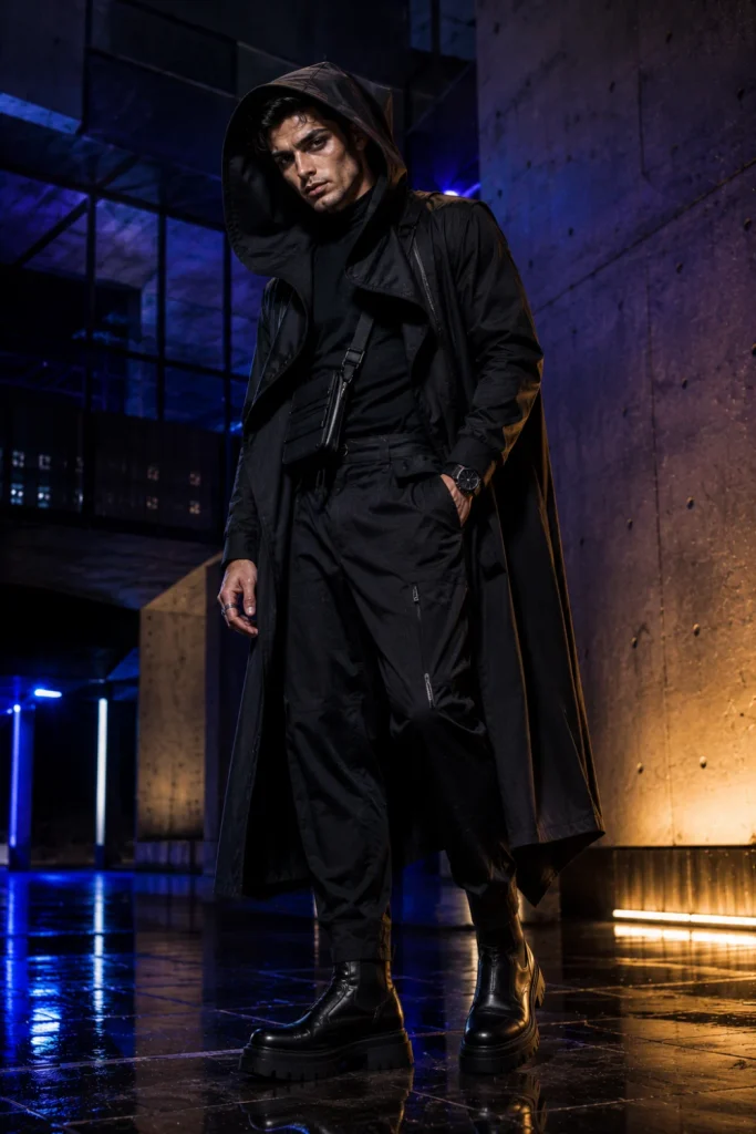 Minimalist shadow monster Halloween outfit for men with all-black modern layers, hood, dramatic makeup, boots, and sleek accessories.
