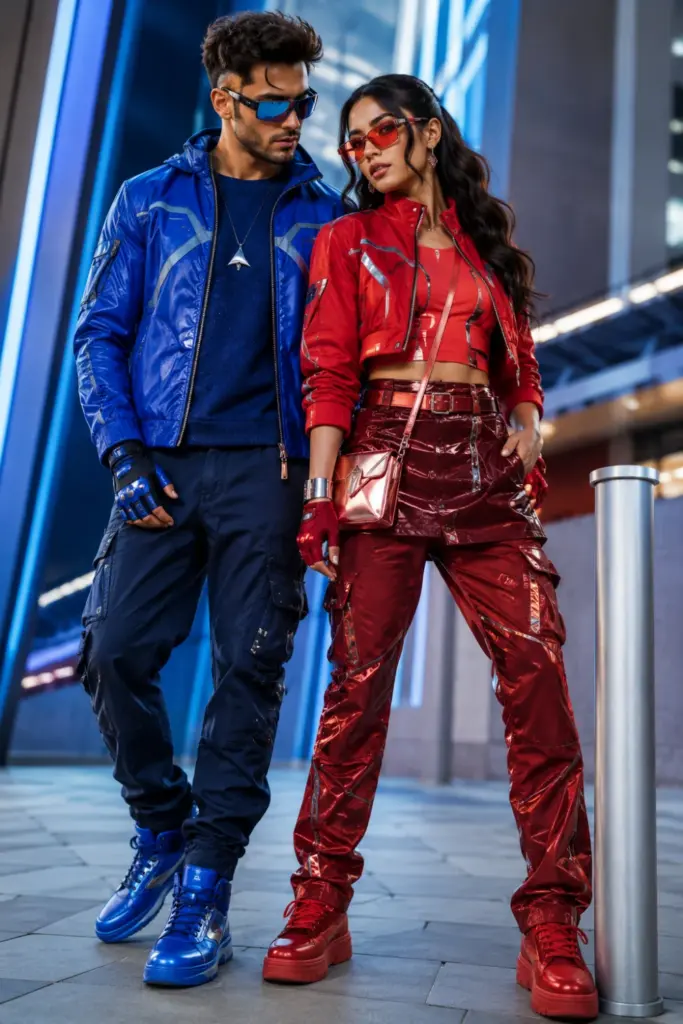 Modern Y2K-inspired superhero couple Halloween outfits featuring vivid blue and red metallic fashion, contemporary hair, sneakers, accessories, and playful styling.