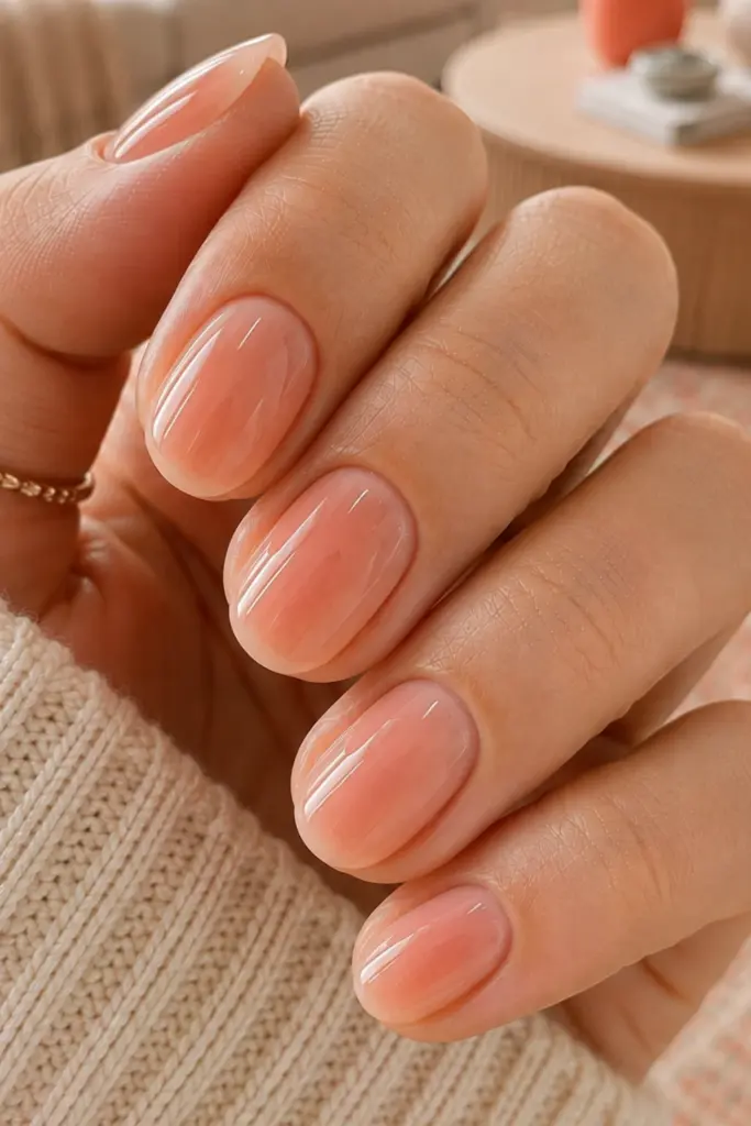 Sheer peachy clean girl nails with a fresh glossy finish for an effortless back-to-school manicure.