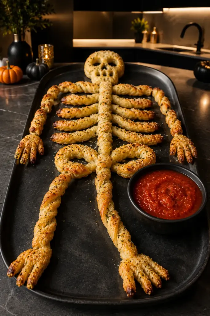 Skeleton breadsticks made from twisted puff pastry with Parmesan and herbs, arranged like ribs for a Halloween appetizer.
