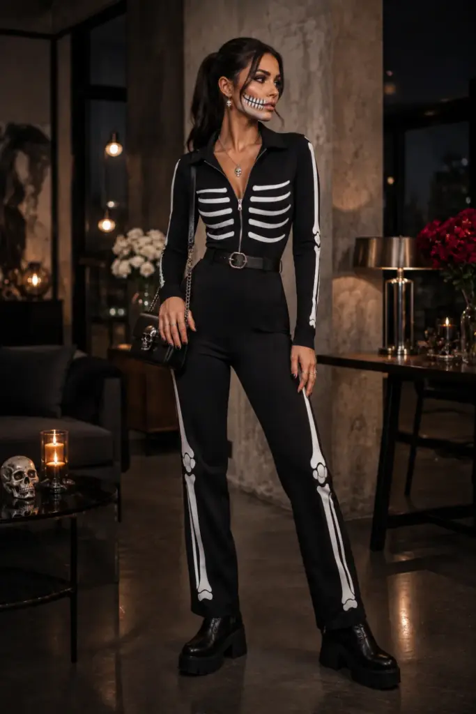 A modern skeleton chic Halloween look featuring a black fashion outfit, white bone details, and skull accessories for easy Halloween dress-to-impress outfit ideas.