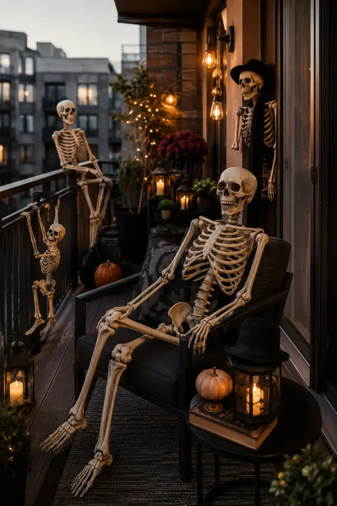 Stylish contemporary Halloween balcony featuring posed skeletons, black seating, warm LED lanterns, and modern spooky decor.