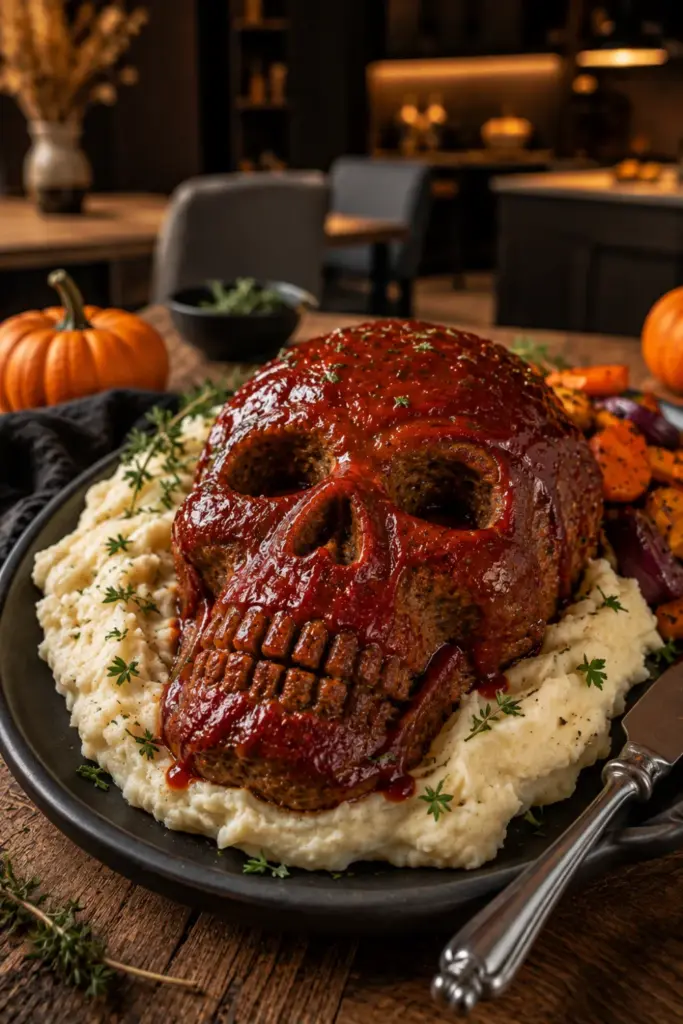 shaped meatloaf with ketchup glaze and mashed potato accents for an easy Halloween dinner.