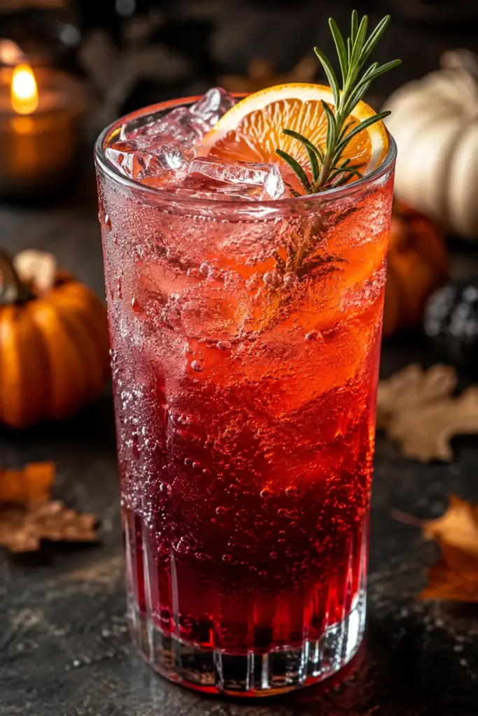 Sleepy Hollow Mocktail with pomegranate, cranberry, orange juice, sparkling water, ice, and an elegant Halloween-inspired garnish.