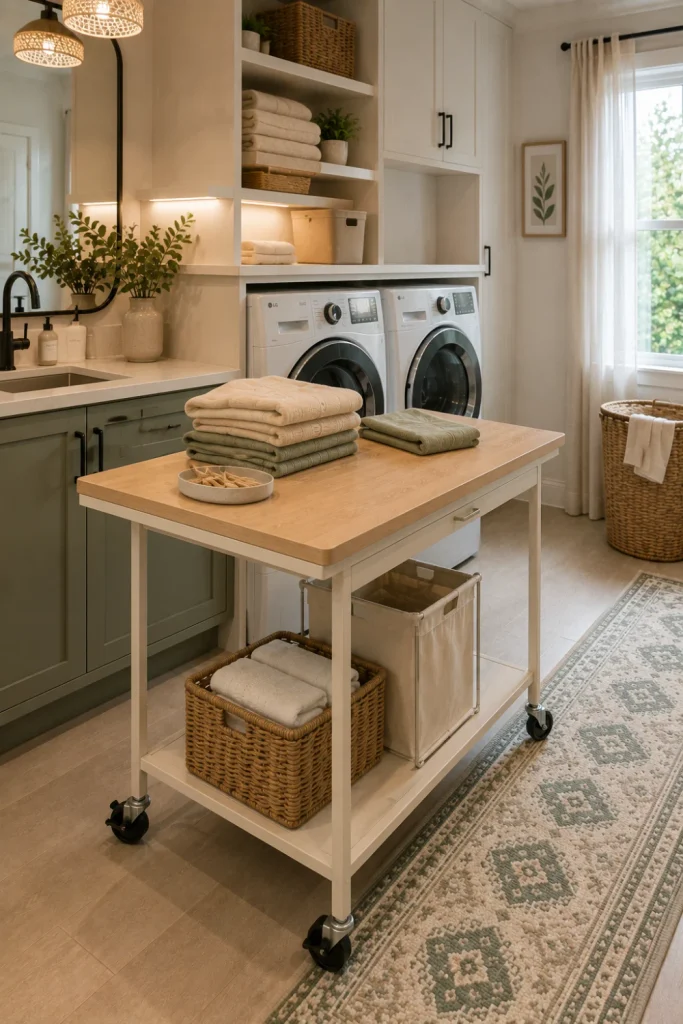 Contemporary narrow laundry room with a slim rolling folding table, locking wheels, warm white cabinets, oak accents, sage textiles, and modern 2026 décor.