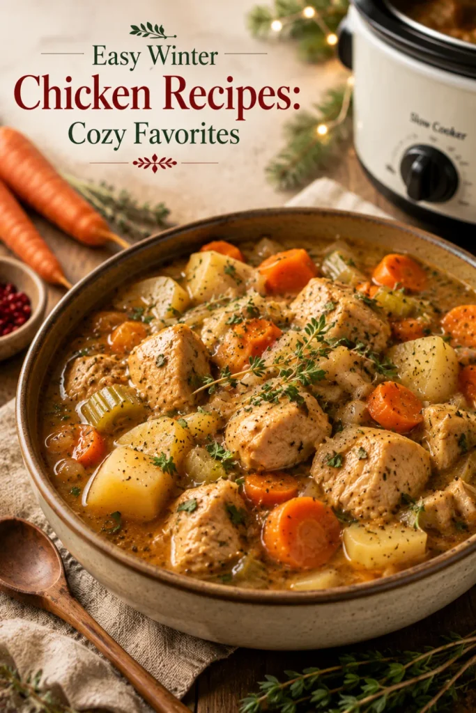 Hearty slow cooker chicken stew with tender chicken, carrots, potatoes, celery, and herbs in a rich broth, styled for winter.