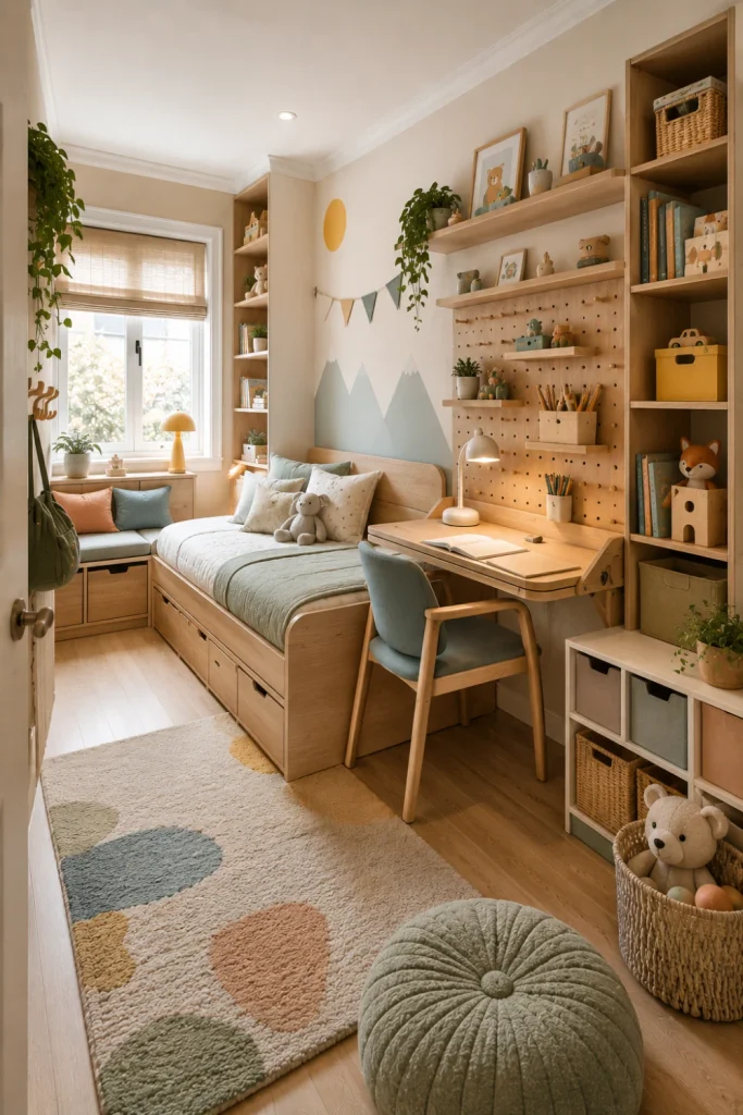 Small modern kids' bedroom with multifunctional furniture, storage bed, compact study desk, vertical storage, and colorful 2026 decor.