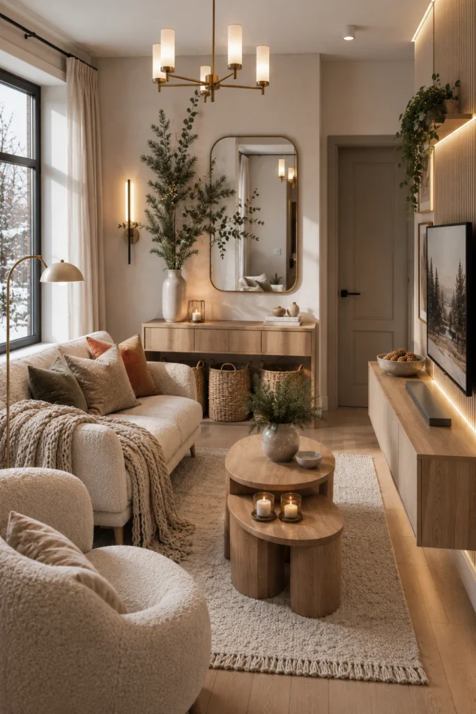 Small modern winter living space with vertical greenery, compact boucle seating, woven baskets, a mirror, warm wood, and soft lighting.