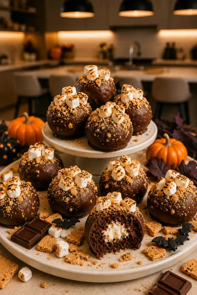 S’mores Campfire Halloween Balls with chocolate coating, graham cracker crumbs, toasted mini marshmallows, and modern seasonal styling.