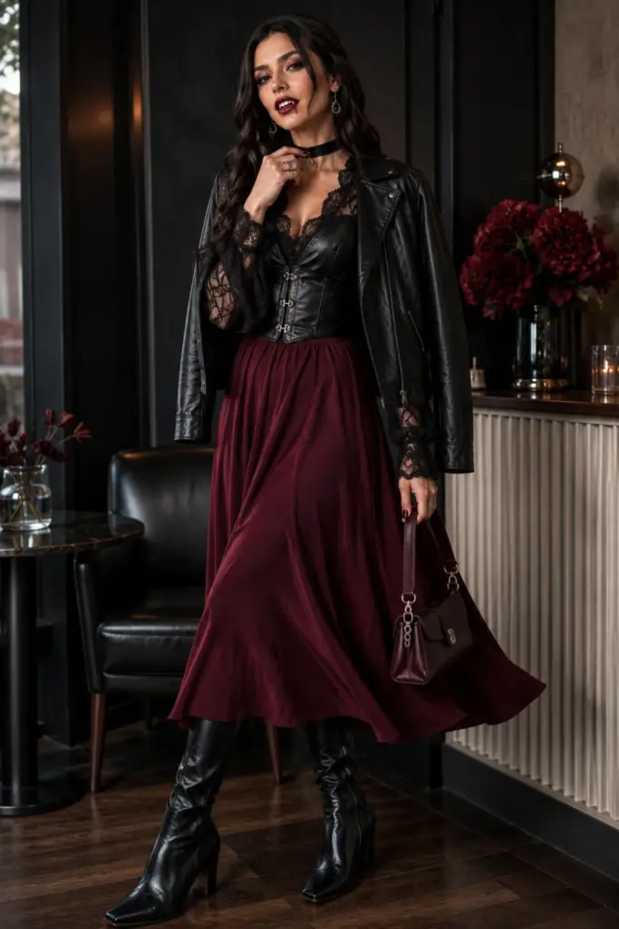 Soft goth vampire outfit featuring black lace, leather, deep red accents, a dramatic silhouette, modern boots, and wearable 2026 styling.