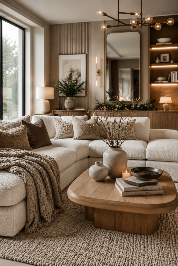 Soft neutral winter living room with cream boucle seating, greige textiles, warm wood furniture, modern lighting, and elegant winter styling.