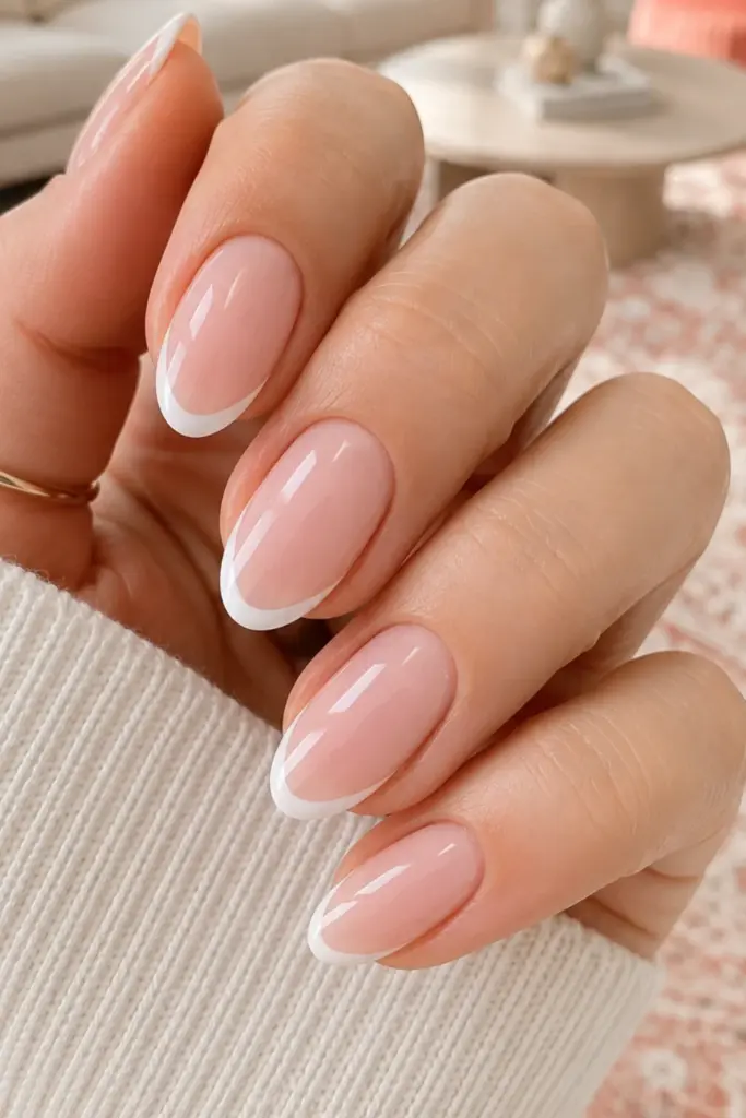 Soft pink French tip clean girl nails with delicate white tips for back-to-school.