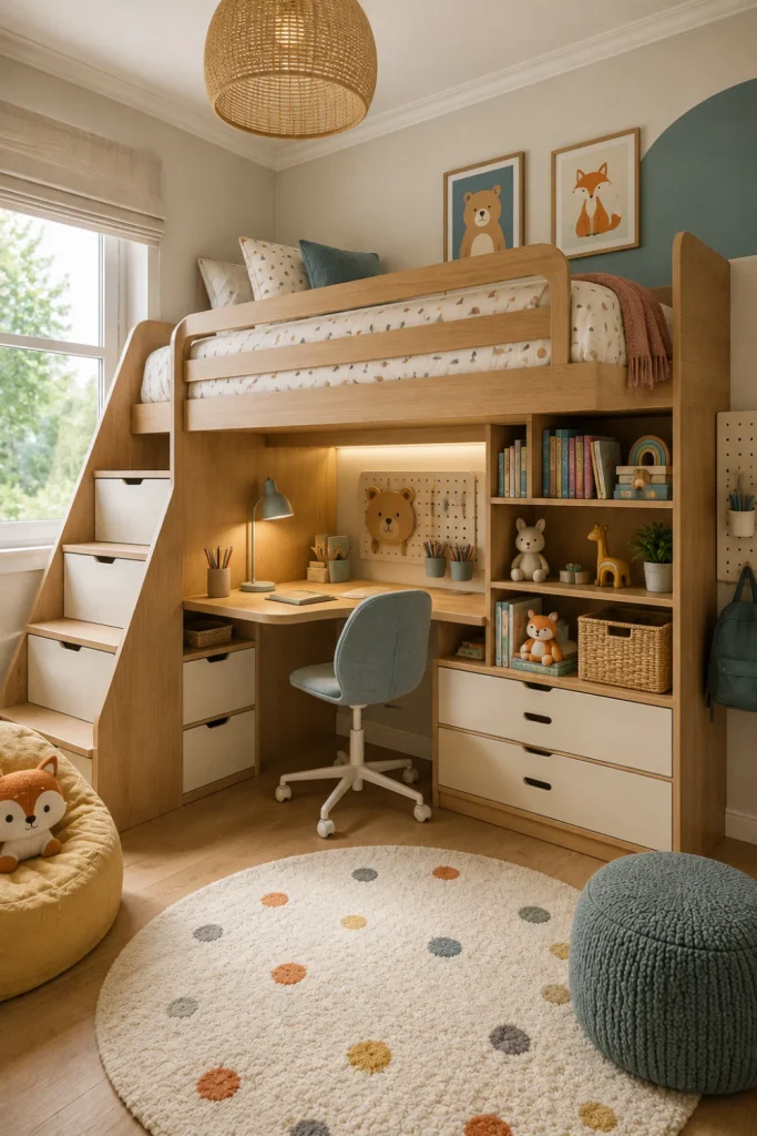 Modern space-saving kids' bedroom with loft bed, built-in storage, study area, warm wood finishes, and colorful contemporary decor.