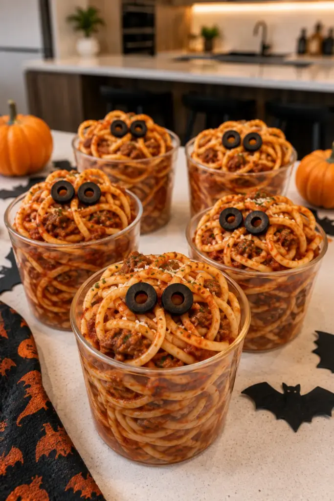 Easy Halloween Lunch Recipe Ideas: Fun Favorites featuring spaghetti worm cups with rich bolognese sauce and black olive eyes.