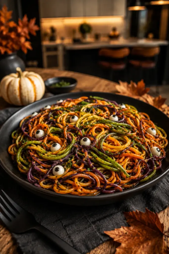 Creepy colorful spaghetti worms topped with edible eyeballs for an easy Halloween dinner recipe.