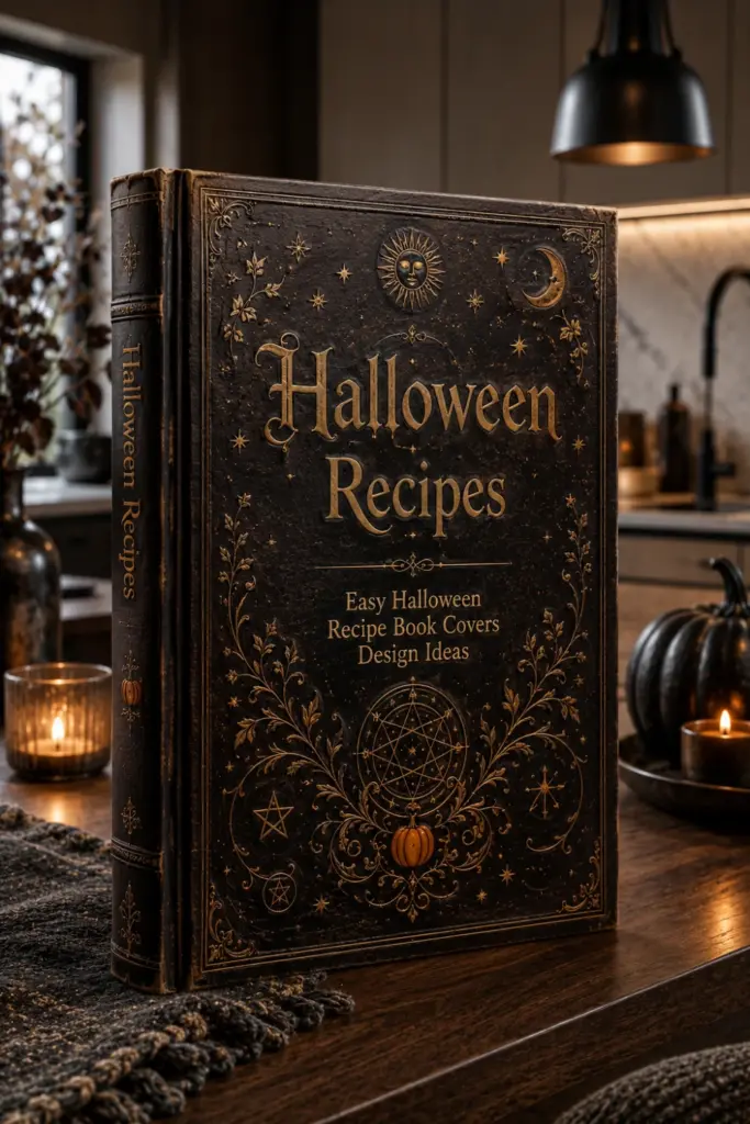 Luxury spellbook Halloween recipe book cover with dark leather texture, gold foil lettering, and mystical symbols.