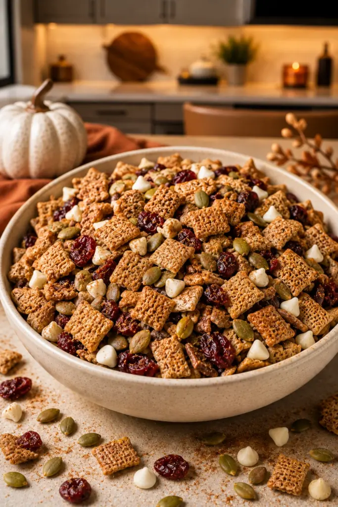 Spiced Chai Pumpkin gluten-free Halloween trail mix with roasted pumpkin seeds, Cinnamon Chex, dried cranberries, white chocolate chips, and pumpkin pie spice.