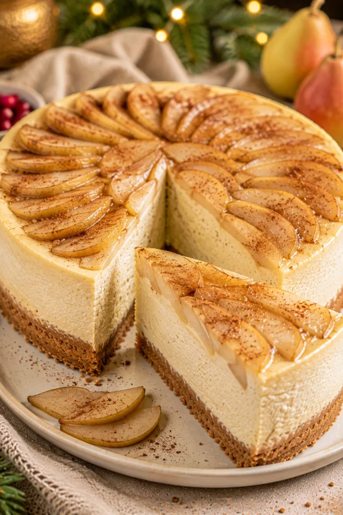 Spiced pear winter cheesecake with tender pear slices, warm cinnamon spices, creamy vanilla filling, and a buttery crust.