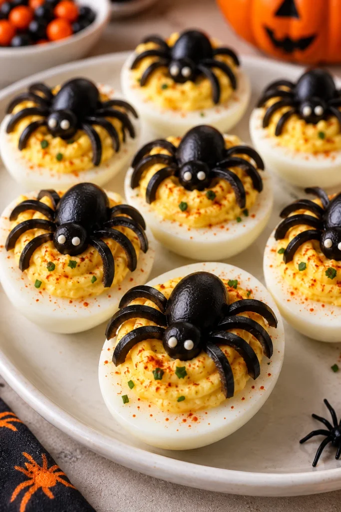 Spooky Spider Deviled Eggs topped with black olive spiders on creamy seasoned egg filling are ideal for Halloween parties and kids.