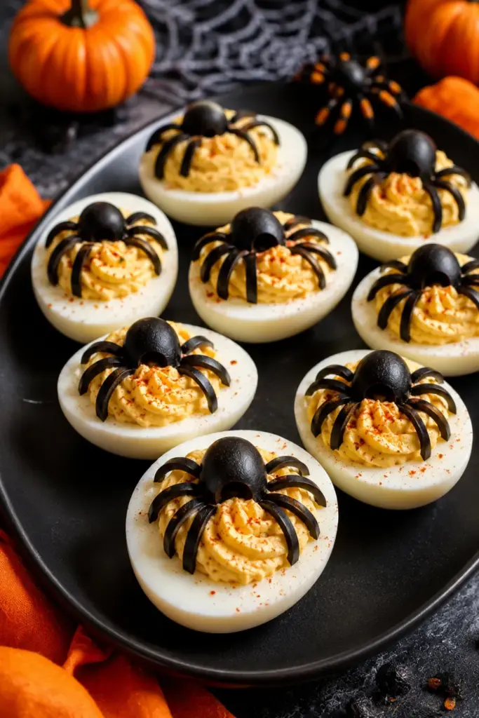 Close-up Halloween Spider Deviled Eggs with creamy seasoned filling and black olive spiders arranged on glossy egg whites, styled for a colorful Pinterest party appetizer spread.
