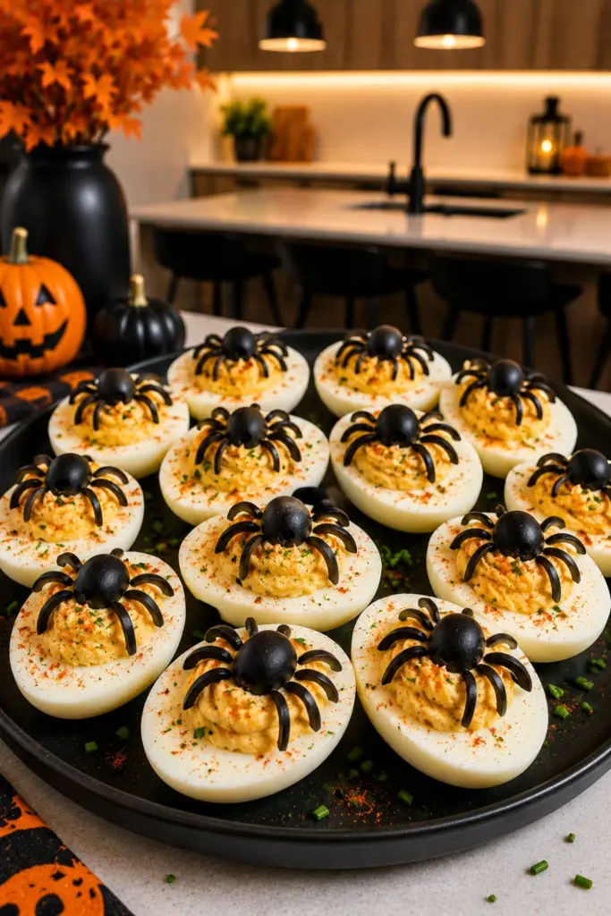 Spider Egg Deviled Eggs topped with black olive spiders and paprika on a contemporary Halloween appetizer platter.