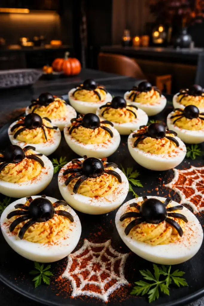 Creamy Halloween deviled eggs topped with black olive spiders and paprika on a sleek dark party platter.