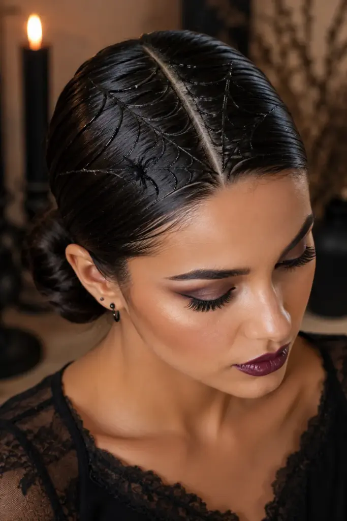 Sleek spider web hair parting with black gel detail for Easy Best Halloween Hair Design Ideas for Stunning Looks