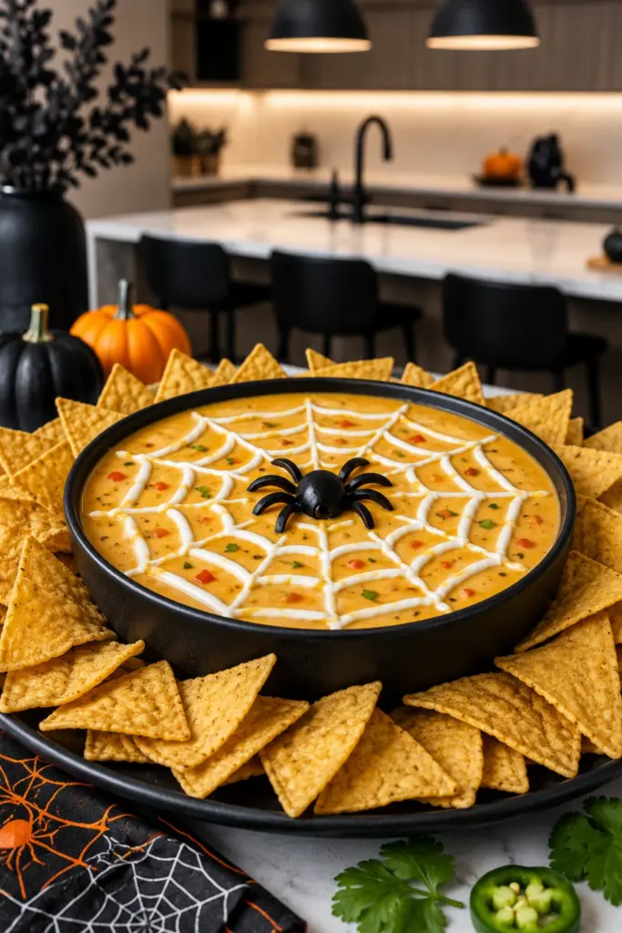 Spider Web Queso Dip with tortilla chips and olive spider decoration on a contemporary Halloween table.