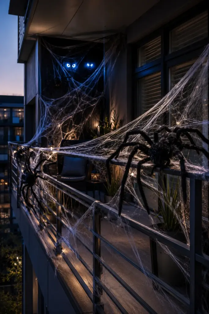 Dramatic Halloween balcony with faux spider webs, giant furry spiders, glowing eyes, and modern atmospheric lighting.