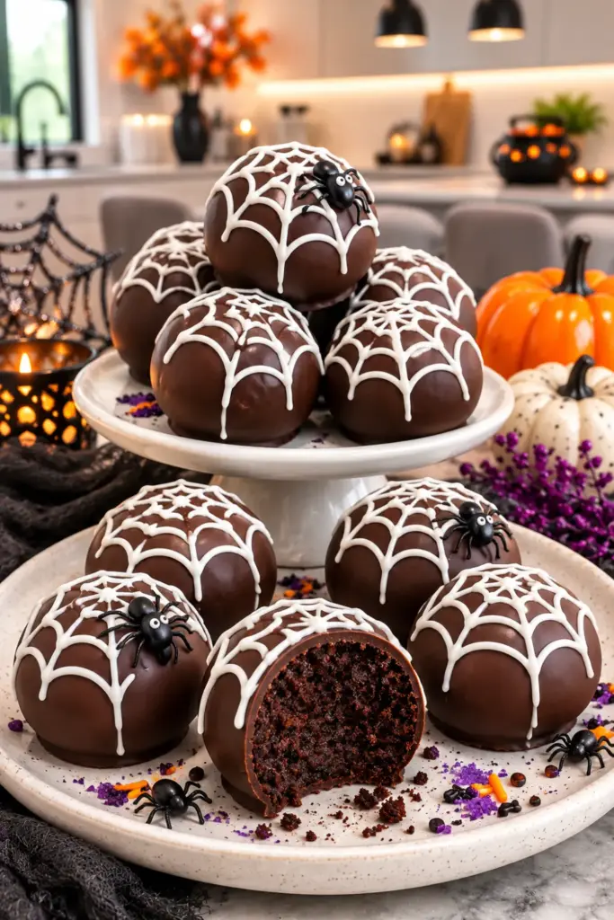 Spiderweb chocolate fudge cake balls dipped in dark chocolate and decorated with white icing spiderwebs for a modern Halloween party.