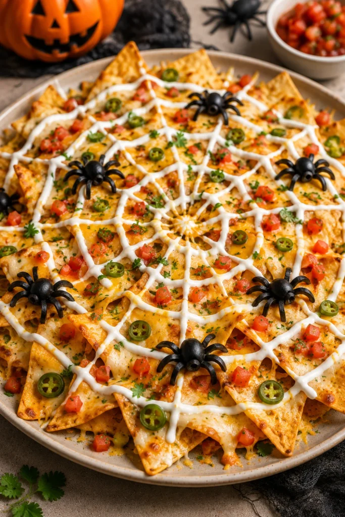Crispy spiderweb nachos covered with melted cheese and sour cream spiderweb decorations are a fun Halloween party recipe for kids.