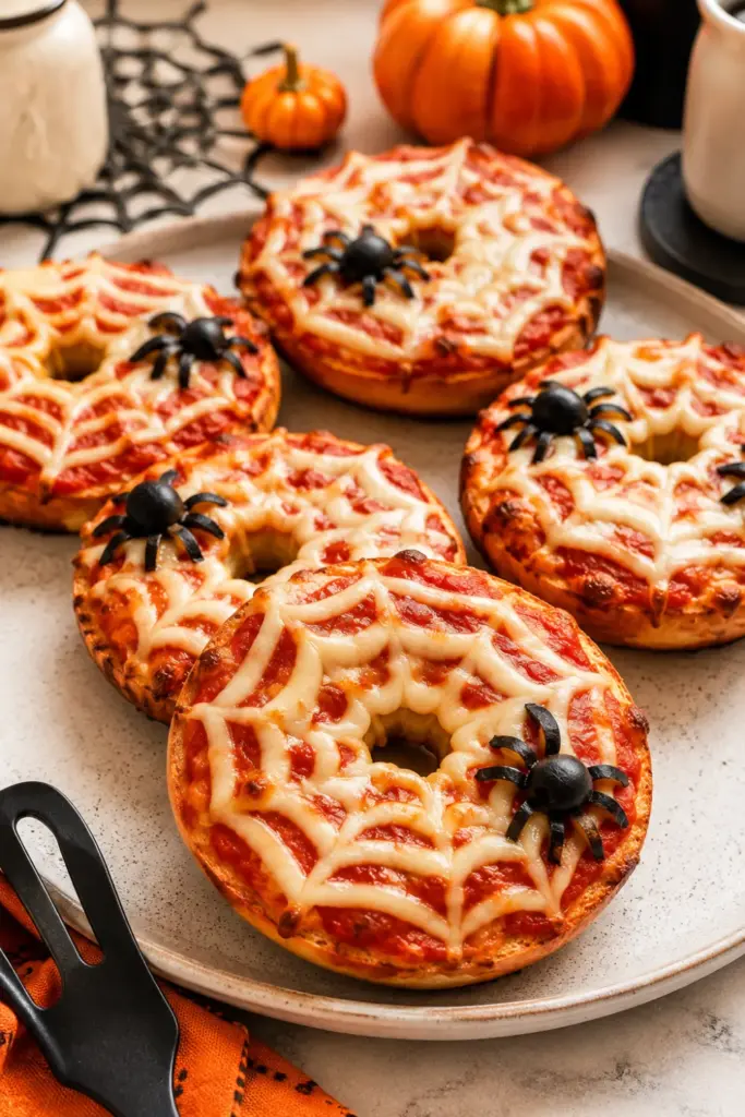 Easy Halloween Lunch Recipe Ideas: Fun Favorites with mini spiderweb pizza bagels topped with melted cheese webs and black olive spiders.