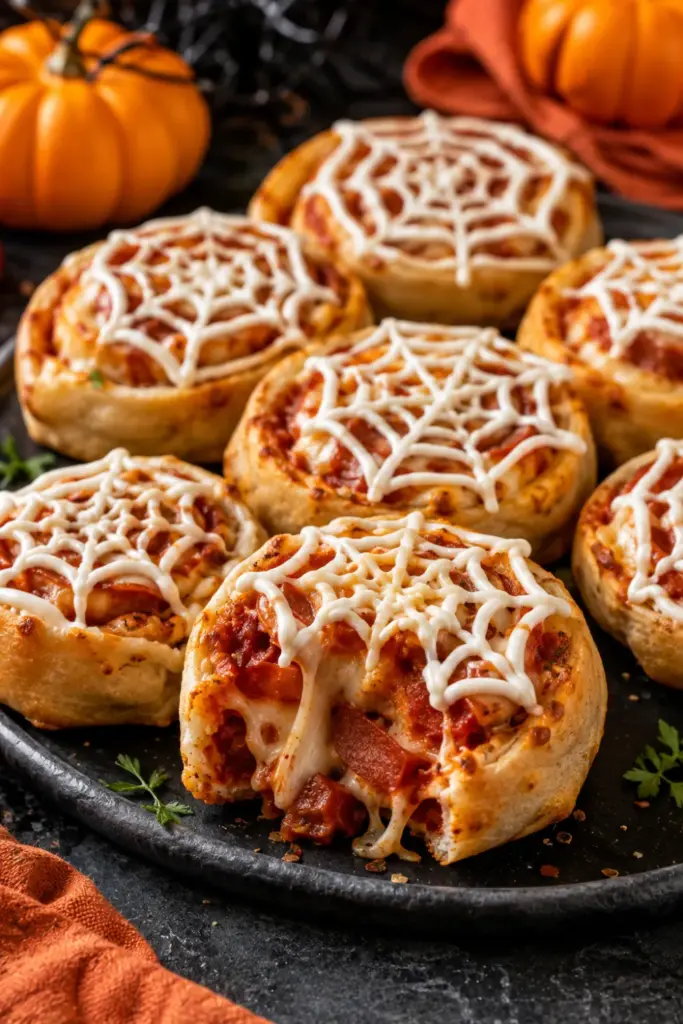 Golden Spiderweb Pizza Rolls filled with melted mozzarella and pepperoni and decorated with a creamy sour cream spiderweb for a Halloween party appetizer.